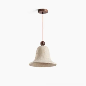 Single bell travertine pendant light with walnut wood ceiling mount, minimalist studio setting