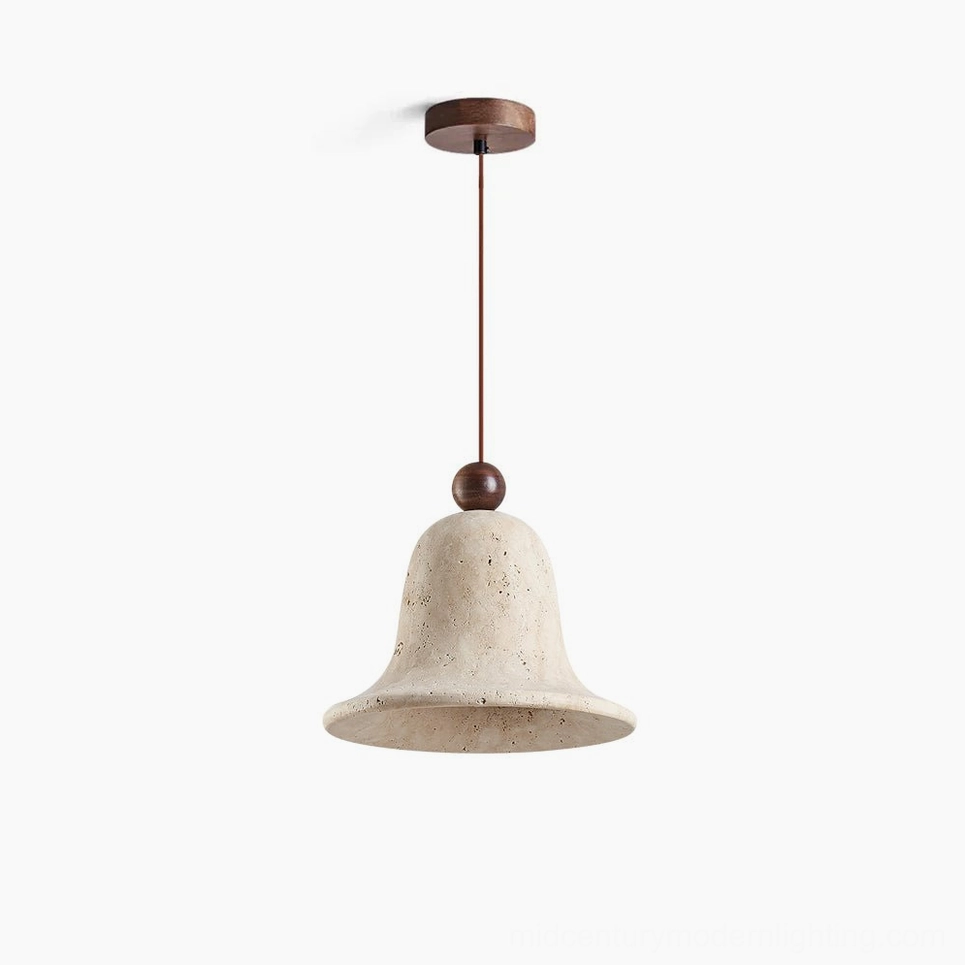 Single bell travertine pendant light with walnut wood ceiling mount, minimalist studio setting