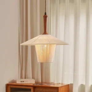Handcrafted sissal pendant lamp suspended in vintage living room setting with wooden furniture and warm ambient lighting, demonstrating mid-century modern interior styling