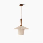 Sissal woven cotton pendant lamp with wooden frame, shown in frontal view against white background, displaying hand-braided textile shade and natural wood construction