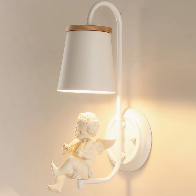 Nordic minimalist angel wall light with sitting cupid musician figurine on beige interior wall