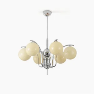 6-head modern glass globe chandelier with polished chrome frame and creamy beige glass shades, overhead view