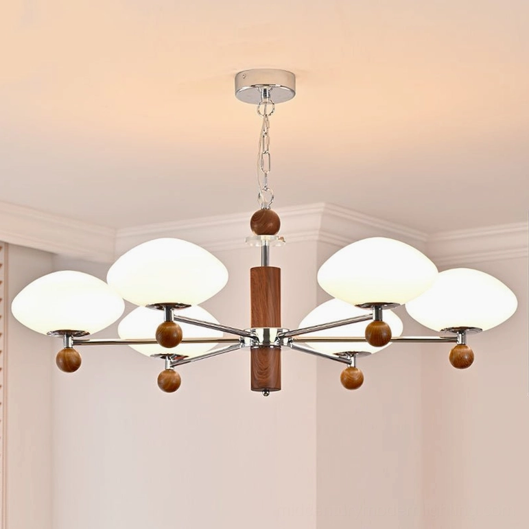 Six-head pointed chandelier full view - large mid-century modern pendant light with extended chrome arms and walnut accents