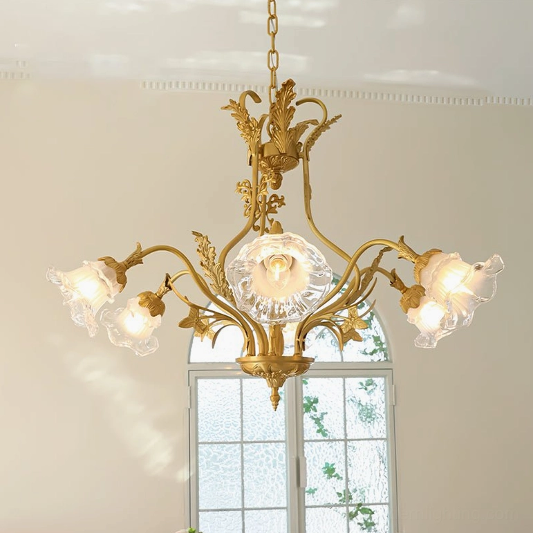 Six-light Dore brass flower chandelier with clear glass shades in Brass+Clear finish