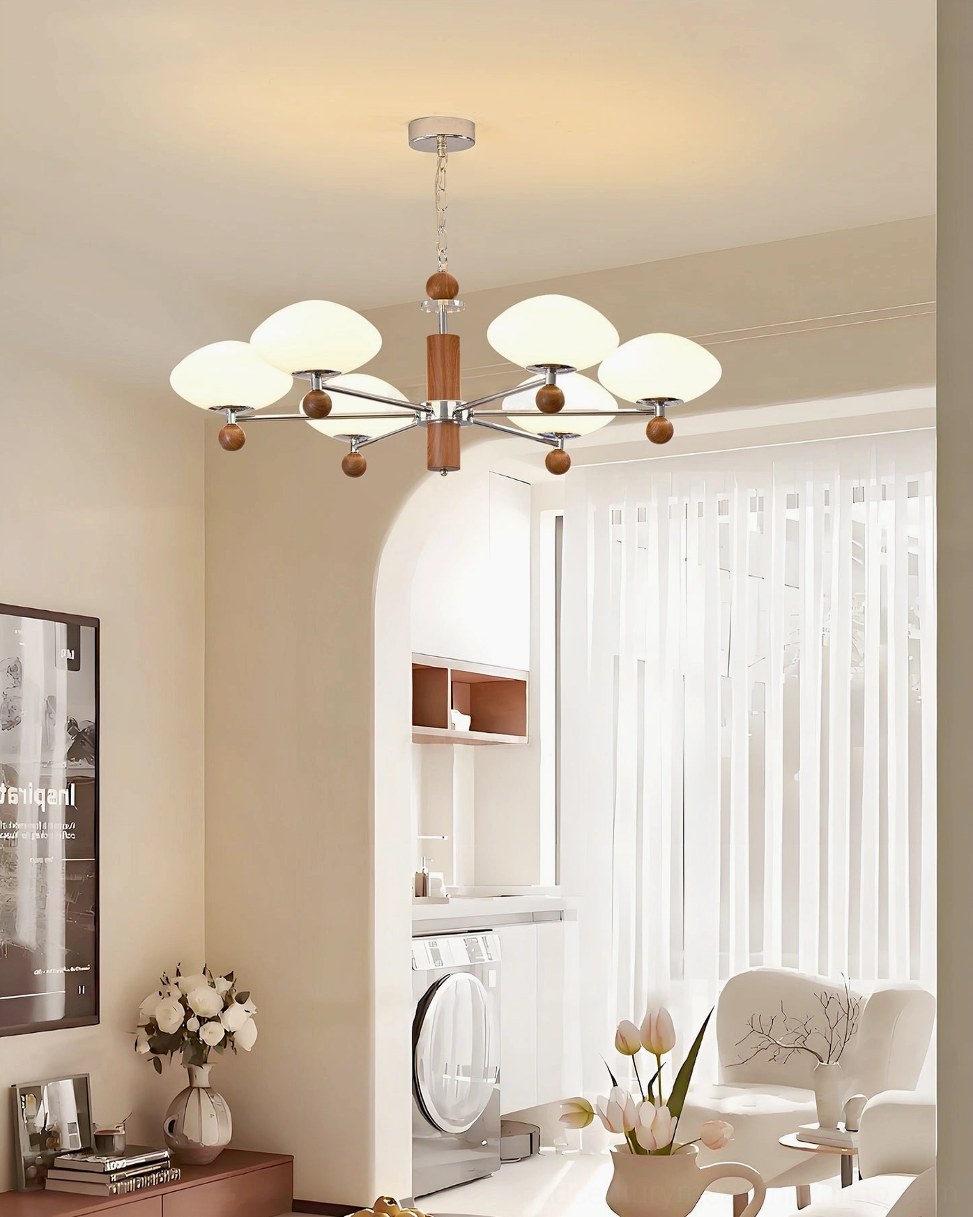 Six-light pointed chandelier in neutral home setting - compact mid-century modern pendant for laundry room and living spaces