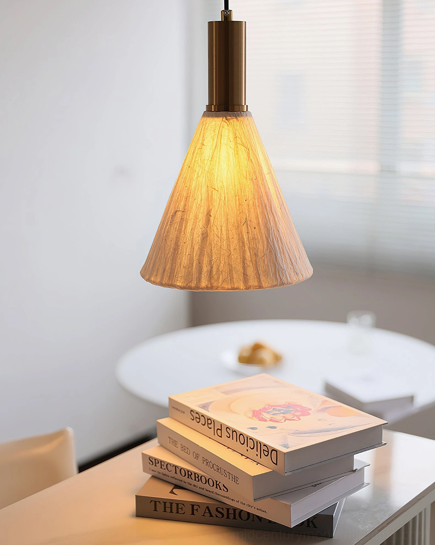Siya handcrafted paper pendant light with crinkled white shade architectural detail and metal hardware