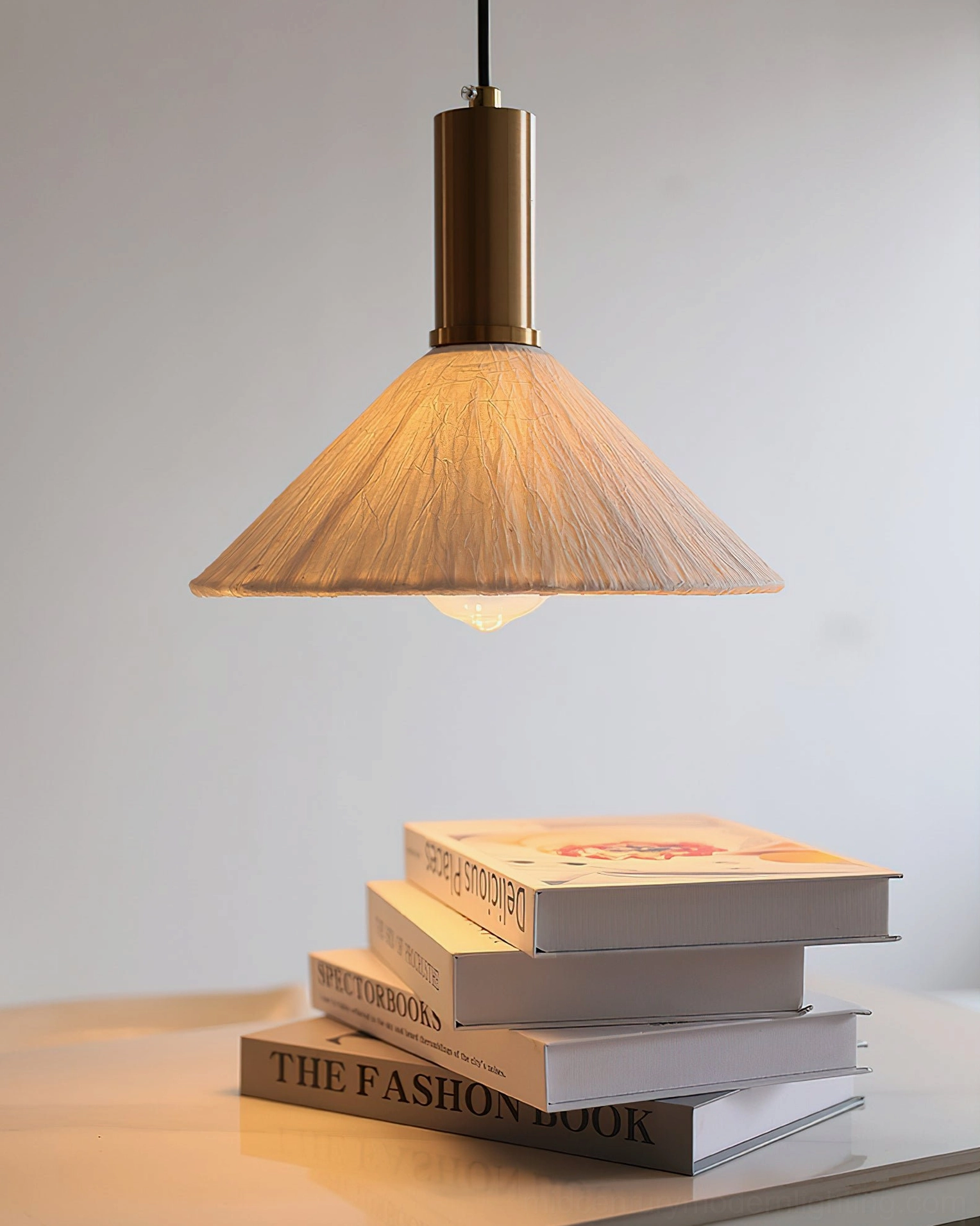Siya pendant light installation ceiling mount, white textured paper shade with brass fixture