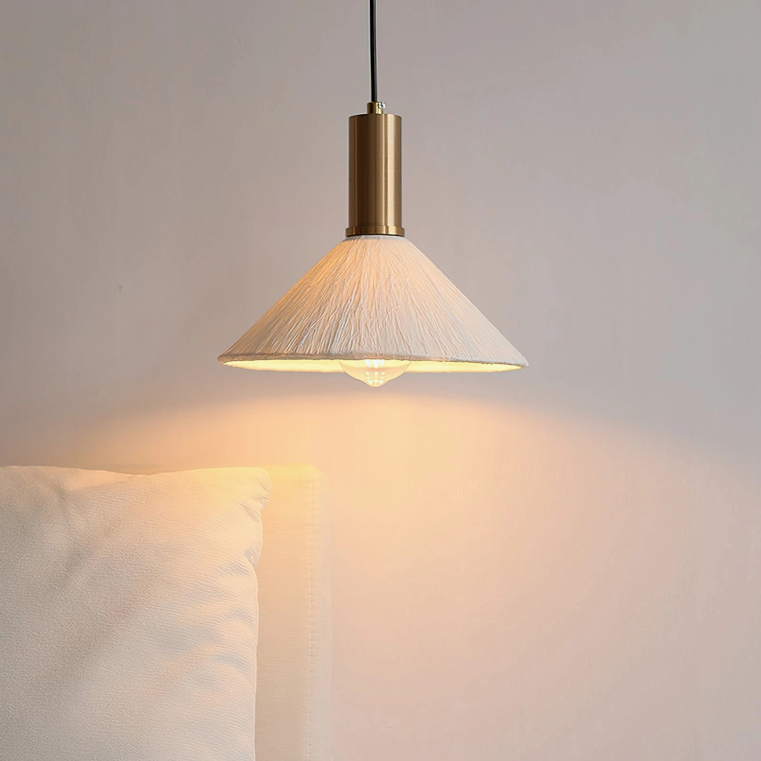Siya hand-crafted paper pendant light side profile showing cone silhouette and organic crinkle finish