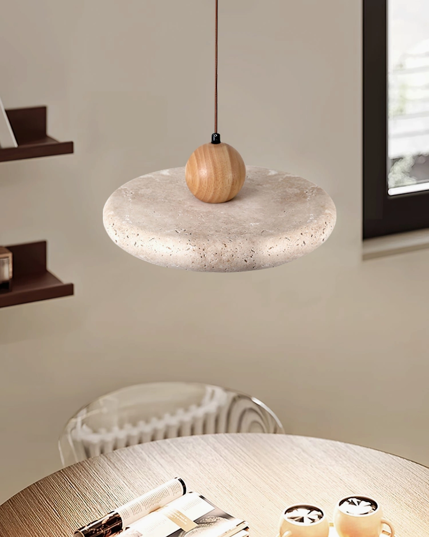 Siyane pendant lamp architectural detail highlighting travertine disc and wood sphere assembly