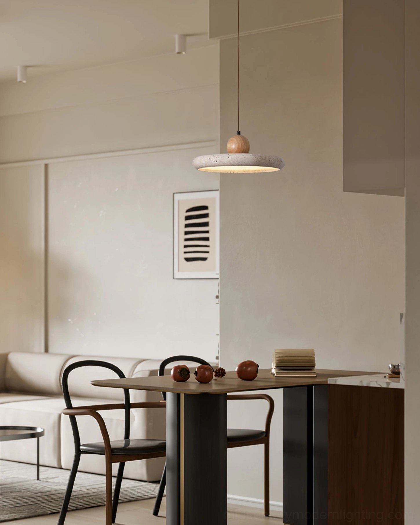 Siyane pendant light installation detail showing ceiling mount and integrated LED module