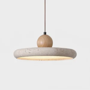 Close-up detail of Siyane pendant lamp travertine shade texture and spherical wood sphere connector