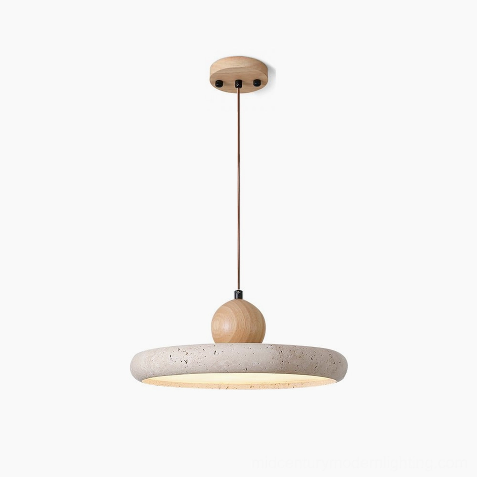 Siyane travertine pendant light with warm LED glow, front view showcasing natural stone disc and wooden connector on white background