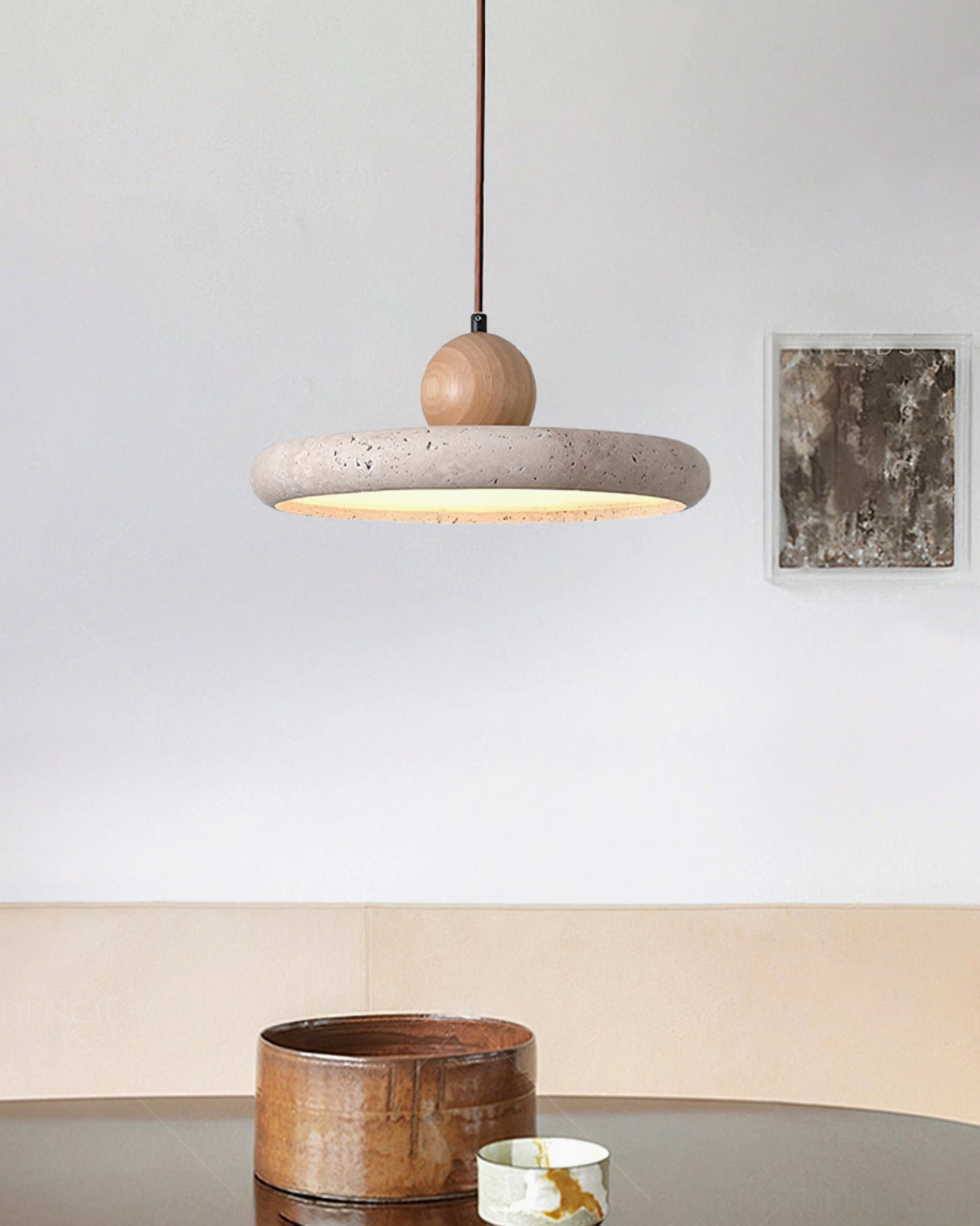 Siyane mid-century modern travertine pendant light showing natural stone variations and wood components