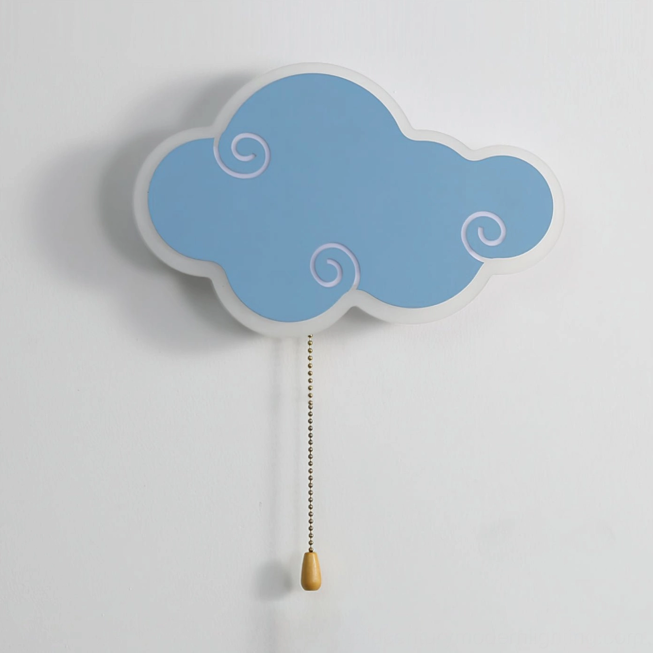Sky blue cloud-shaped wall lamp with white swirl design and golden hardware close-up detail