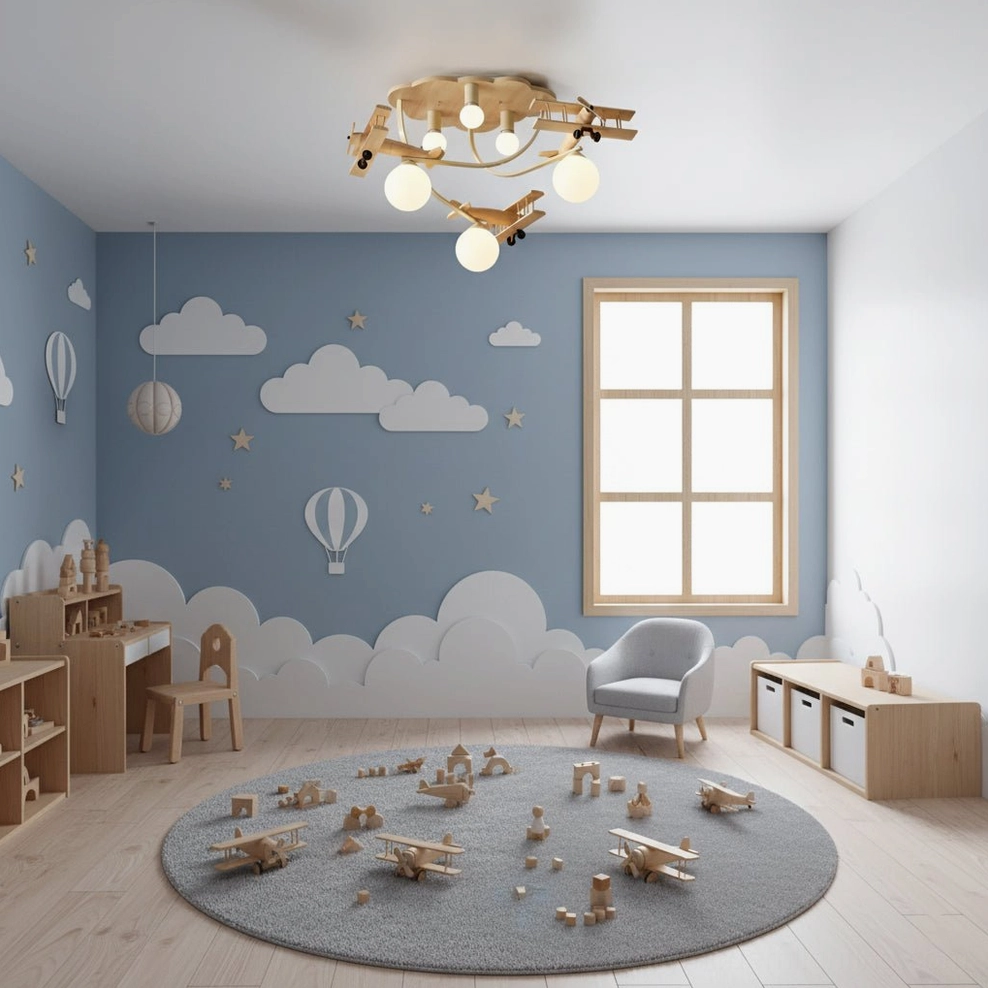 Whimsical aircraft lamp lighting blue sky-themed children's bedroom with cloud wall decor and round play rug