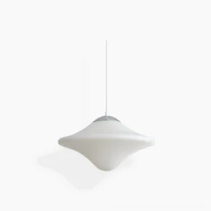 Skye Flyer mid-century modern pendant lamp with twisted opaline disc shade and polished chrome hardware, side front view