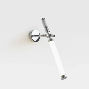Skylark adjustable swing arm wall lamp with polished chrome finish and frosted glass tube