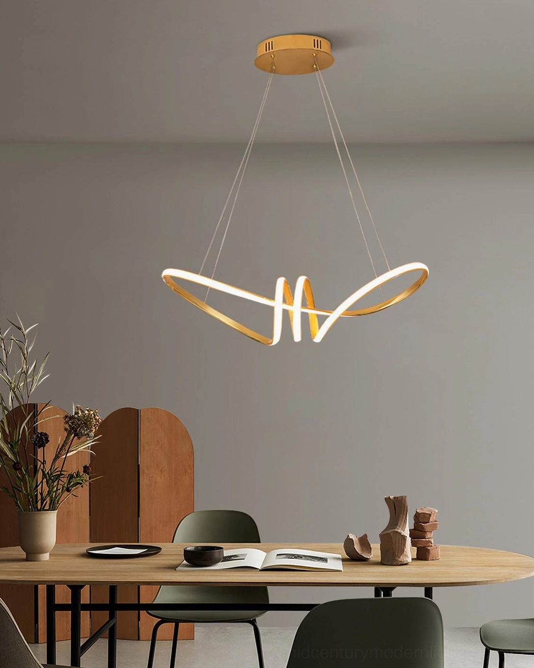 Sleek gold linear LED chandelier in modern dining interior, contemporary luxury hanging lamp with elegant minimalist aesthetic