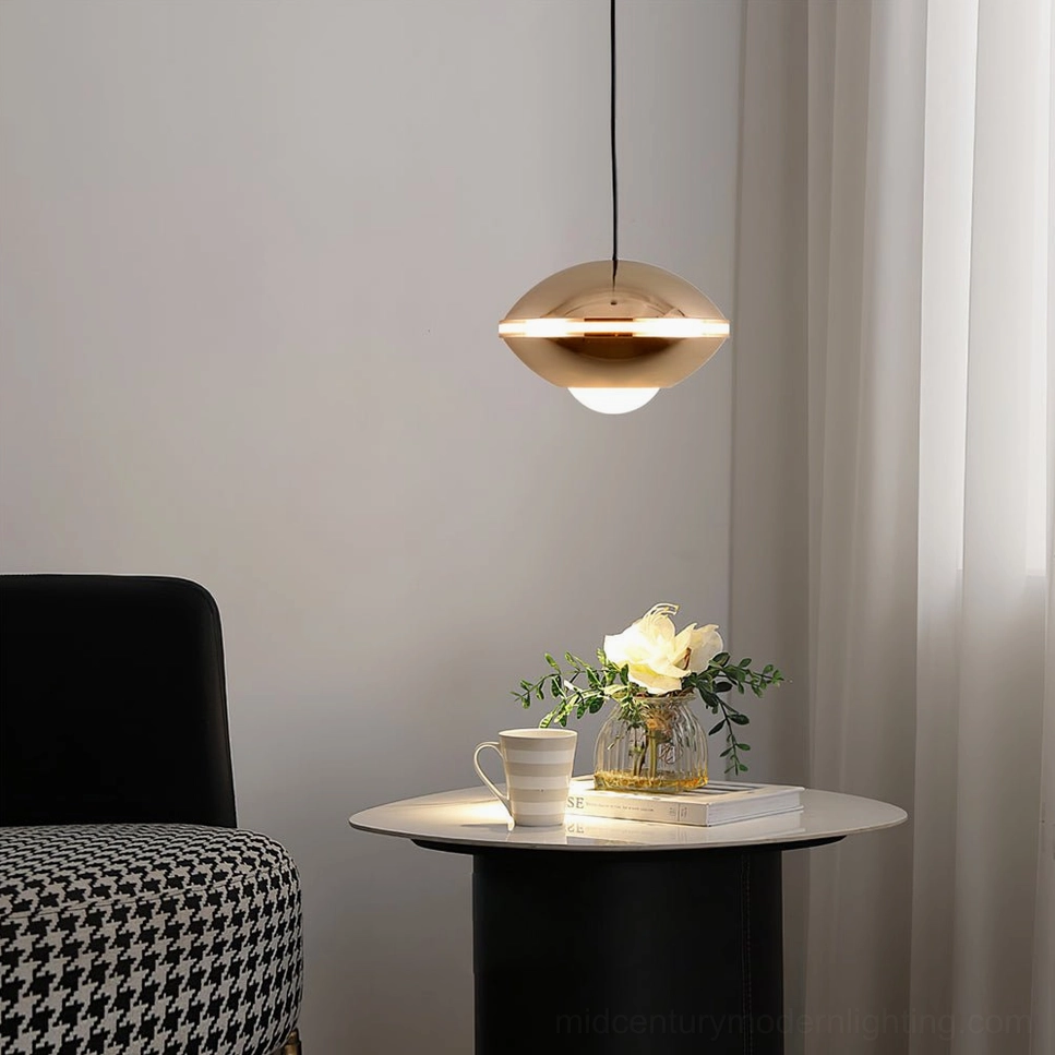 Sleek minimalist pendant light fixture, geometric disc shape, contemporary ceiling lamp design