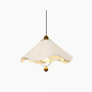Sloane pleated fabric pendant light with scalloped shade and walnut wood finial, studio front view against white background showcasing mid-century modern cottagecore design