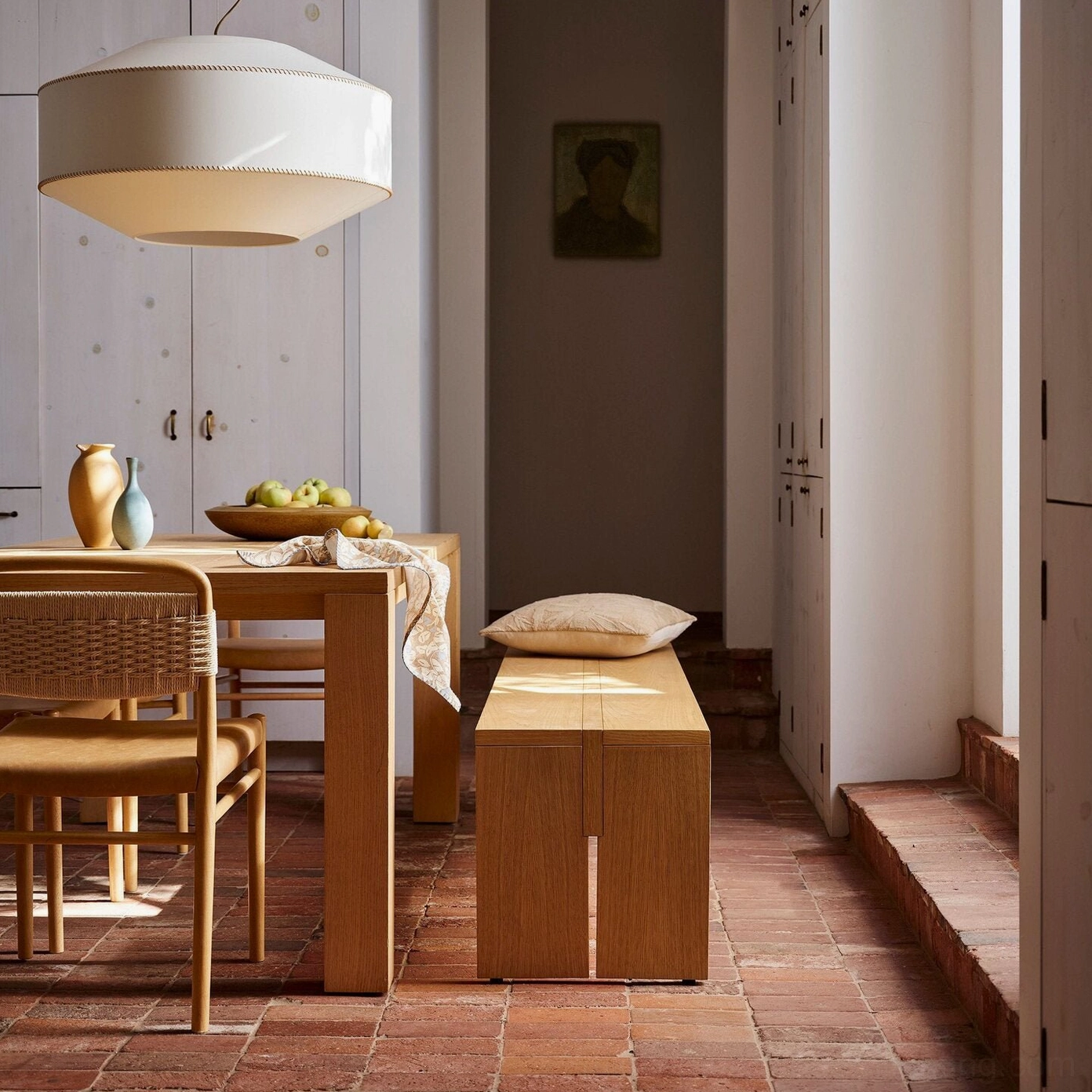 Sloane mid-century modern drum pendant light showing cylindrical linen shade and full suspension system