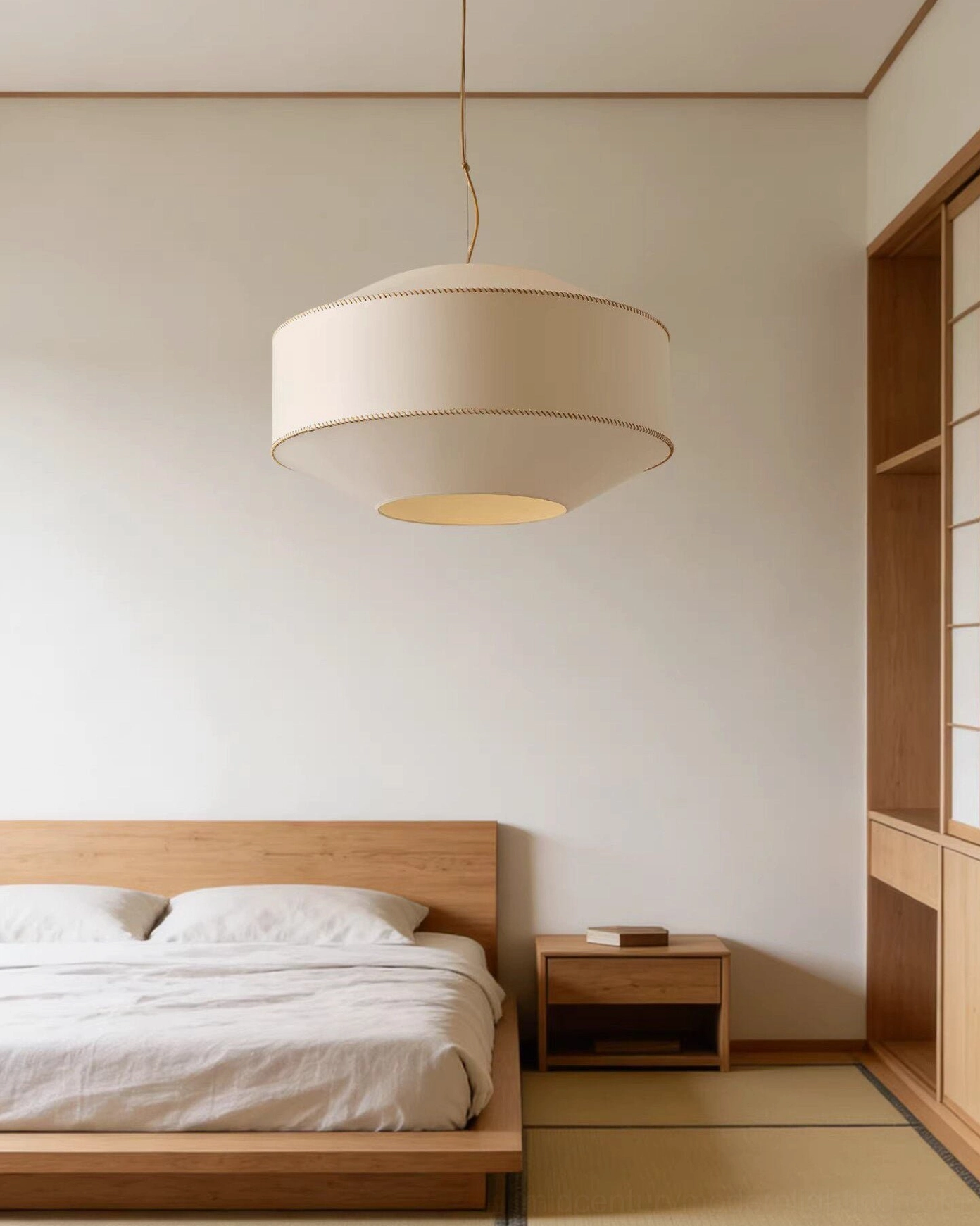 Off-white fabric pendant light in minimalist tatami bedroom creating soft warm illumination
