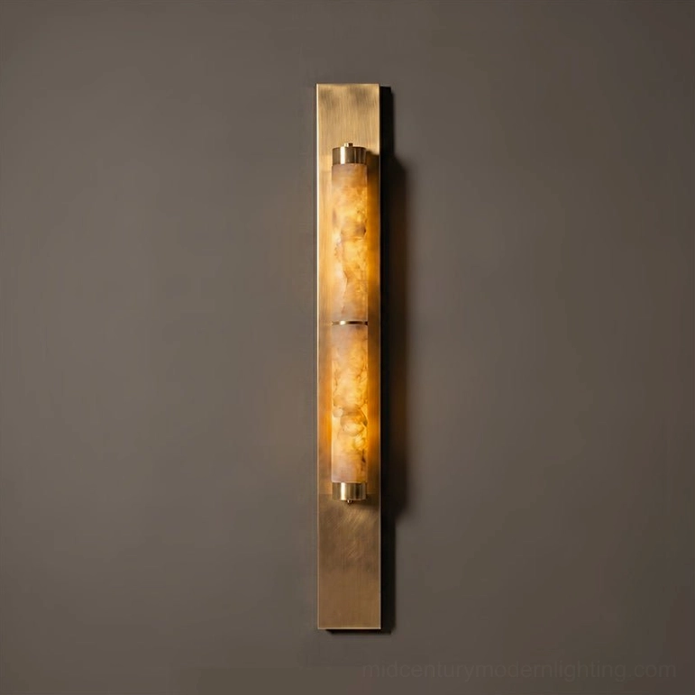 Small alabaster wall sconce brass finish warm light compact model professional shot