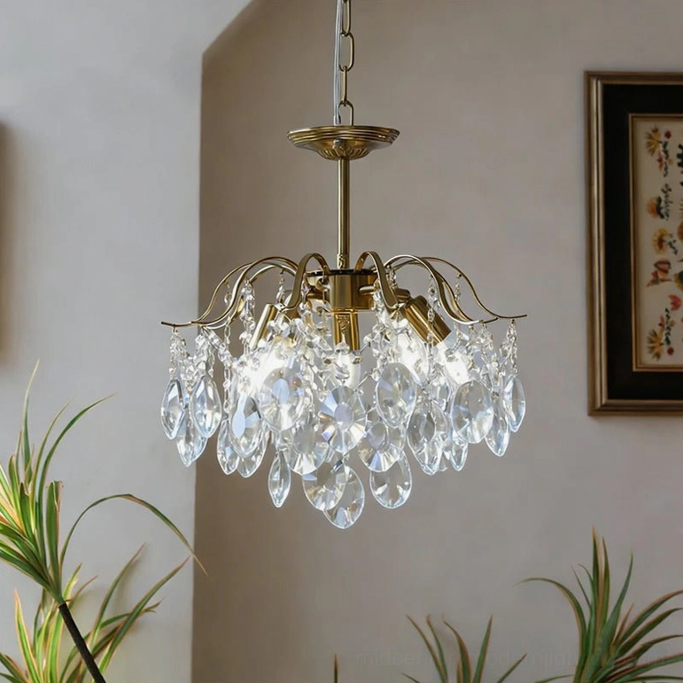 Small amber crystal chandelier compact bedroom or hallway size, brass frame with cascading amber crystal pendants