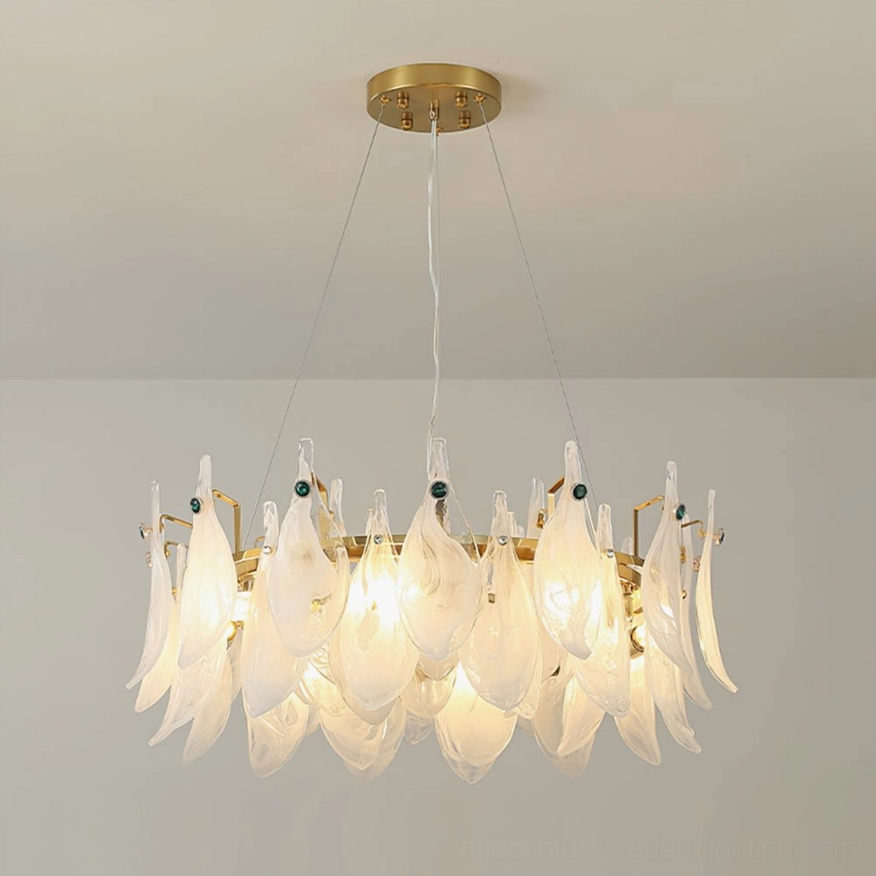 Petite round frosted glass petal chandelier in contemporary interior space