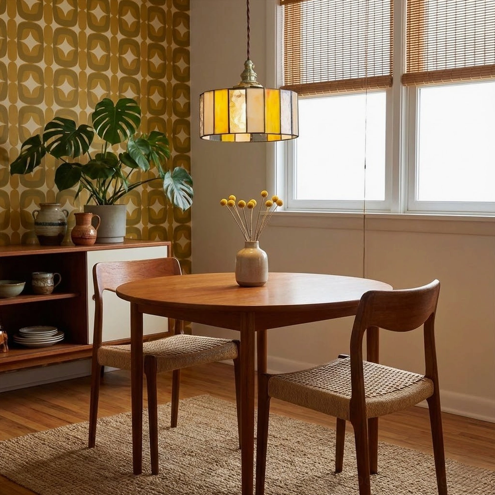 Stained glass drum pendant lamp over small dining area near patterned accent wall with natural window light and wooden dining set