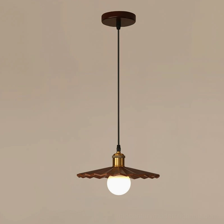 Compact geometric zigzag walnut pendant light with brass fittings - small size for bedside and bathroom use