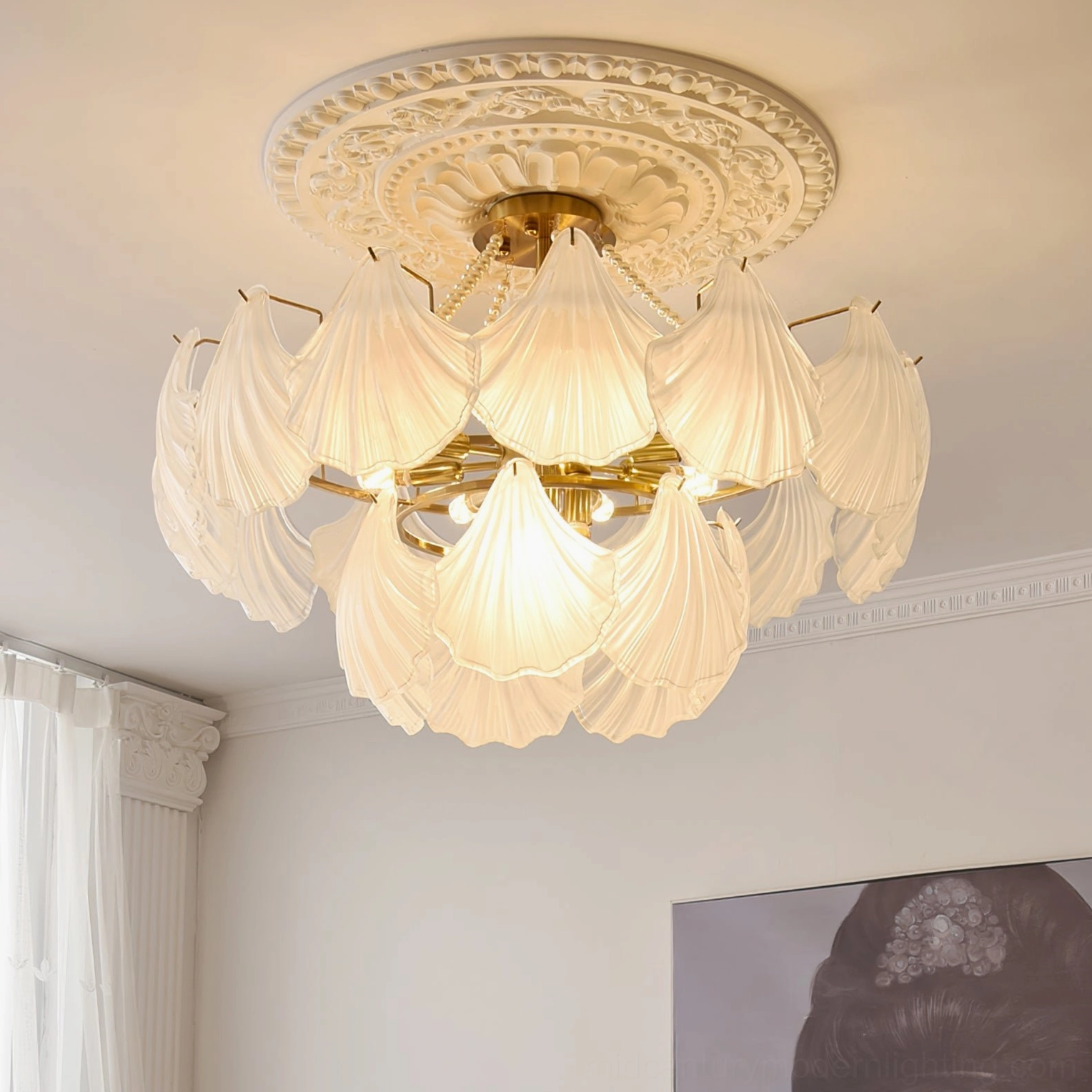 Small 17.7 inch two-layer scallop shell chandelier with frosted glass ideal for intimate spaces