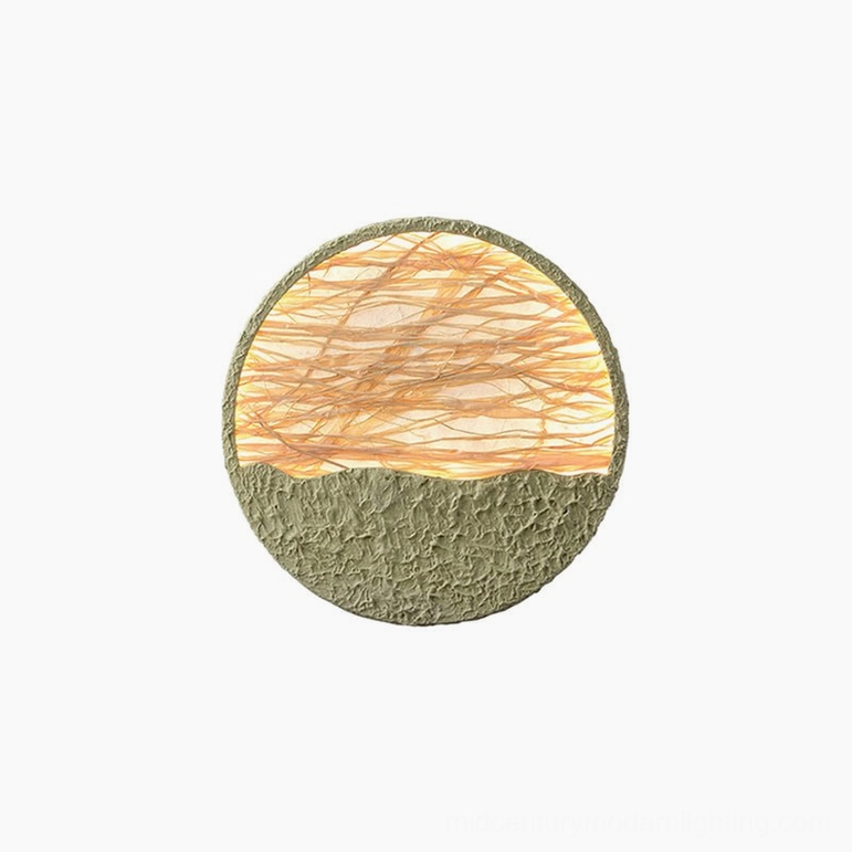 Small natural straw wall lamp 30cm - compact woven fixture with light green accents for bedroom accent lighting