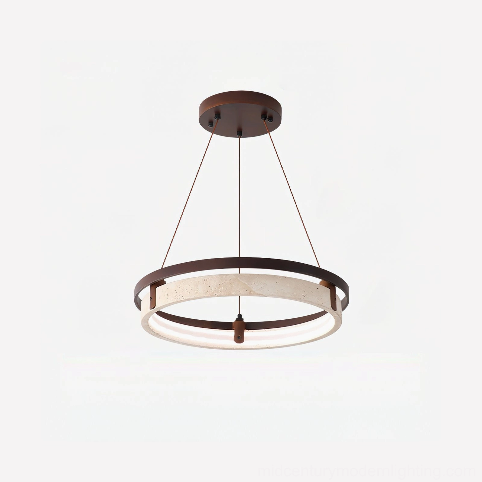 Small travertine ring pendant light fixture 16.9 inch diameter modern minimalist hanging lamp on white background