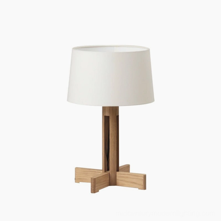Small sculptural wooden table lamp with tapered white shade, natural wood base detail
