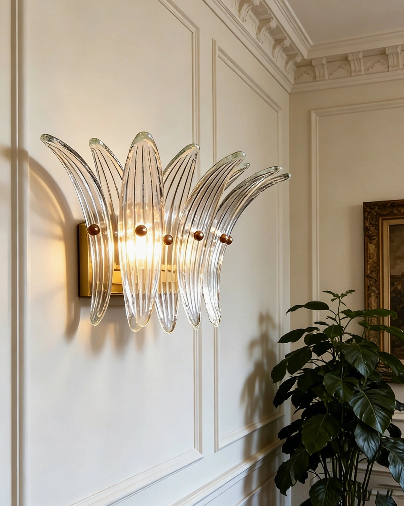 Smeralda fluted glass wall sconce architectural detail with carved paneled wall and vintage frame