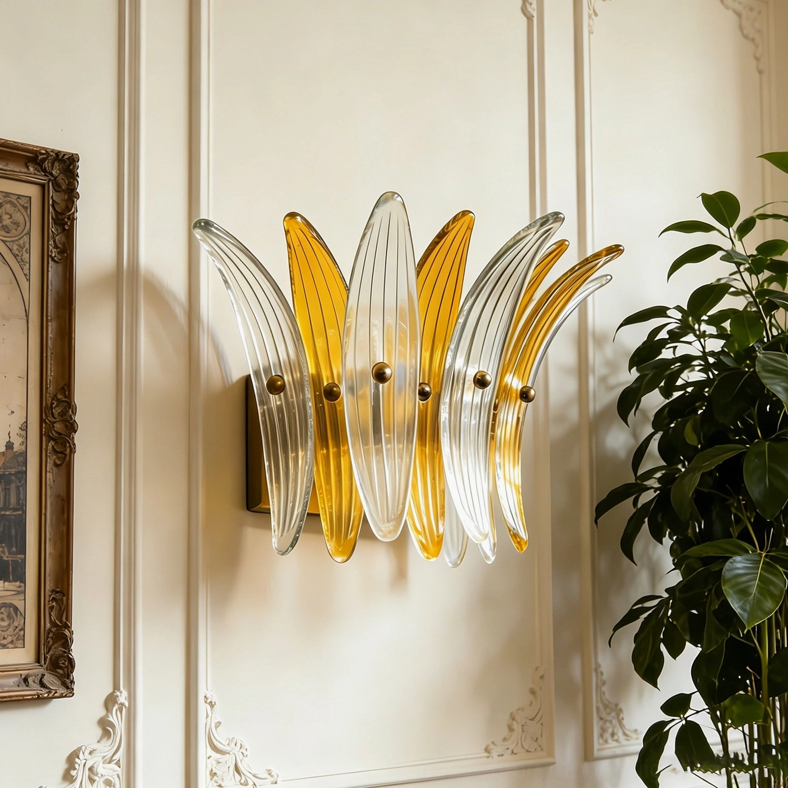 Dual-tone clear and amber Smeralda wall sconce with fluted petal design and brass hardware detail