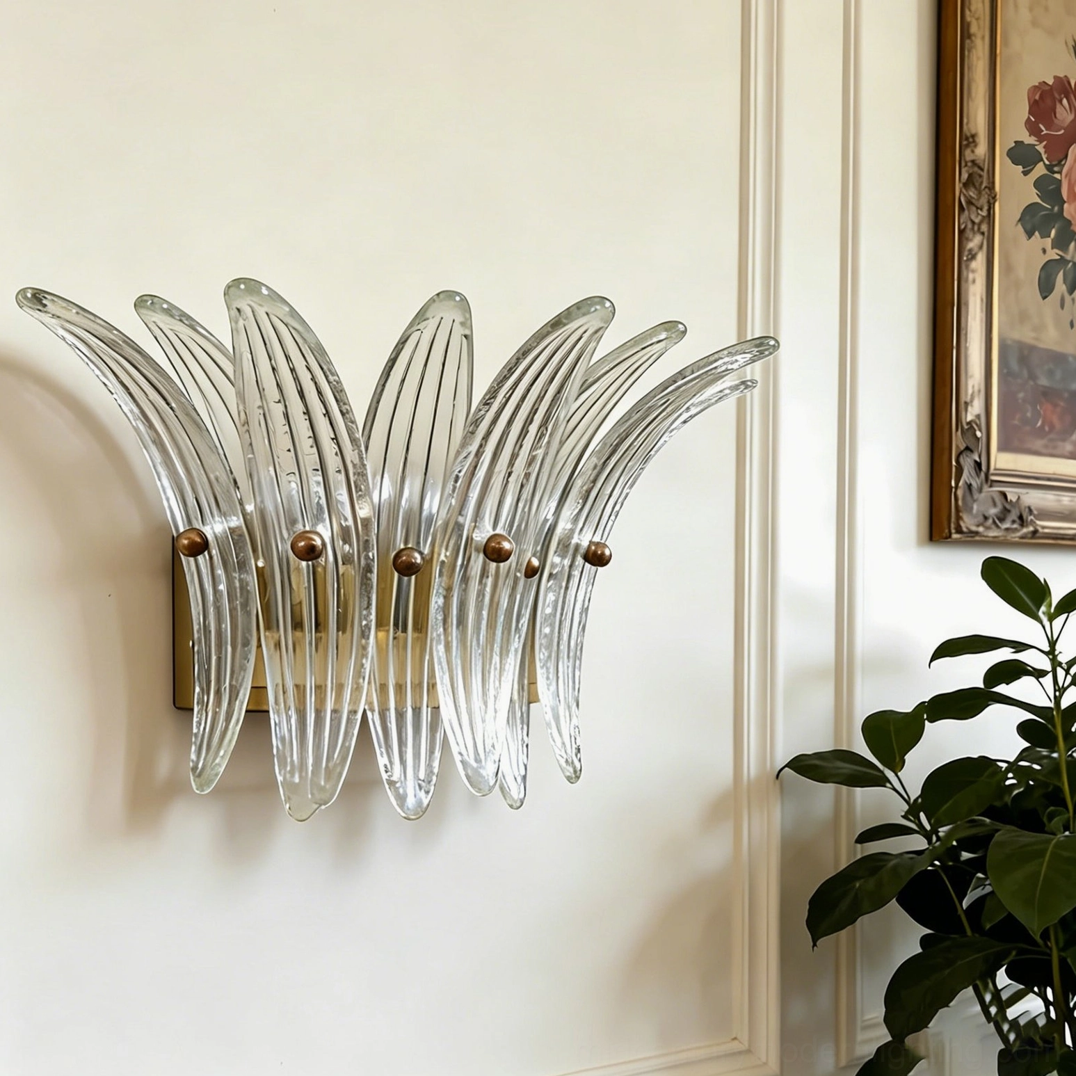Smeralda mid-century modern wall sconce with ribbed glass plume design and metal hardware
