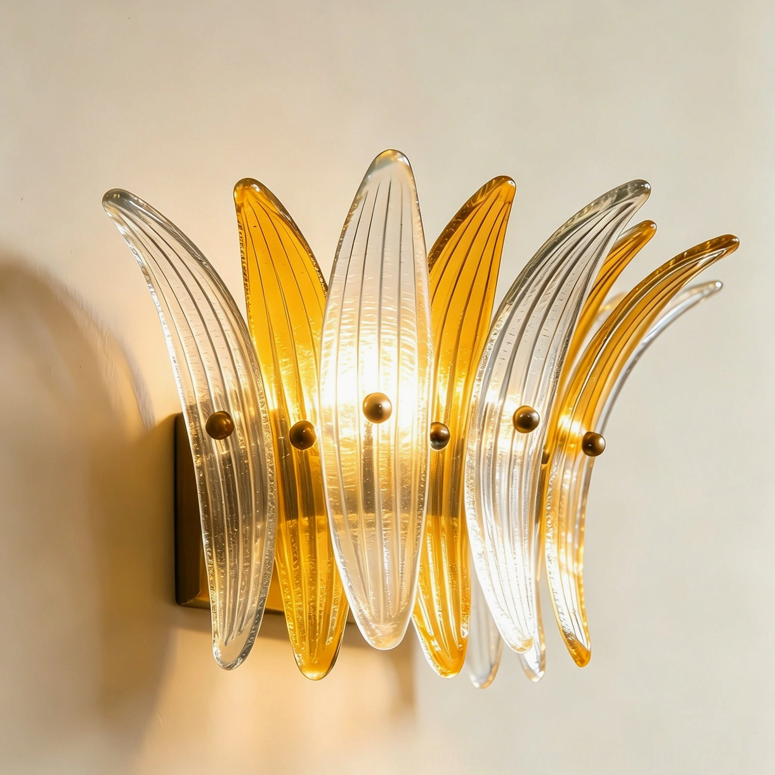 Smeralda fluted glass wall sconce mounted in luxury residential corridor setting