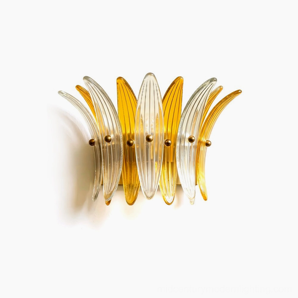 Smeralda fluted glass wall sconce with dual-tone clear and amber glass plumes, brass hardware, front view