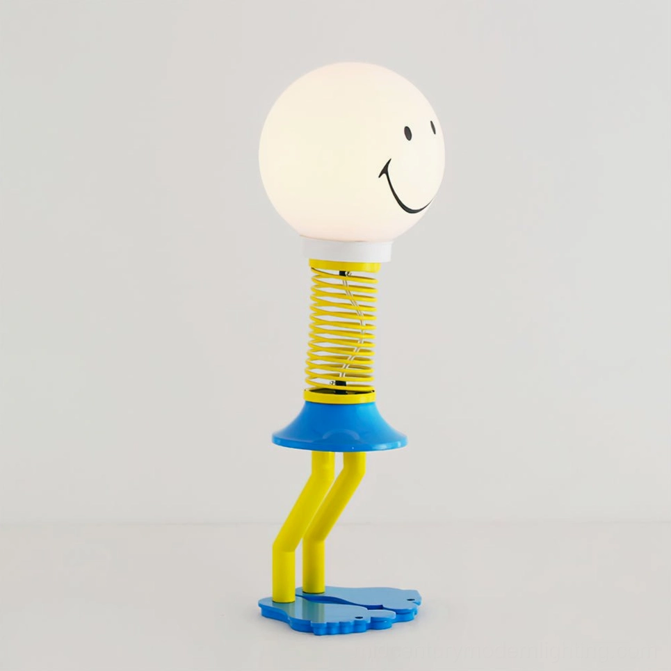 Spiral spring smiley lamp side front view with white matte shade, alternative color option white finish