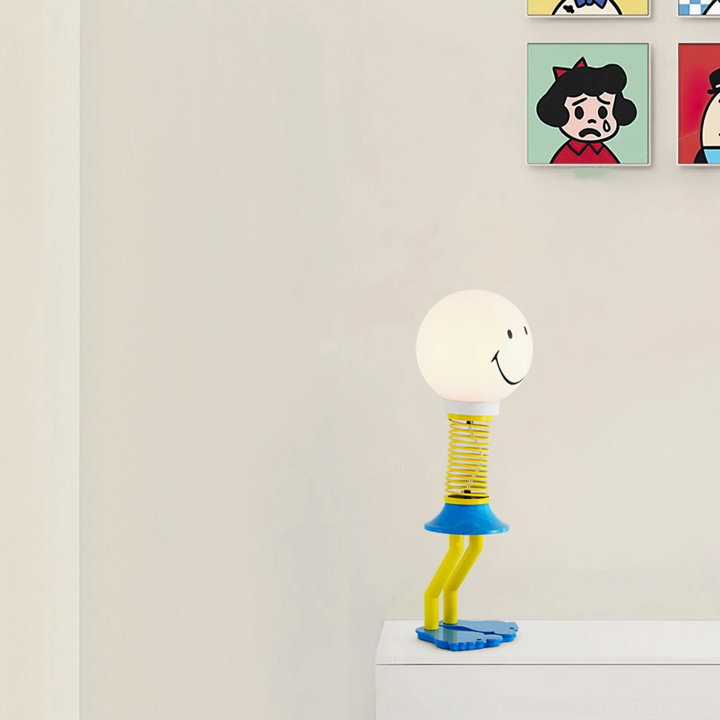 Smiley face spring lamp white shade variation showing design versatility and mid-century modern aesthetic