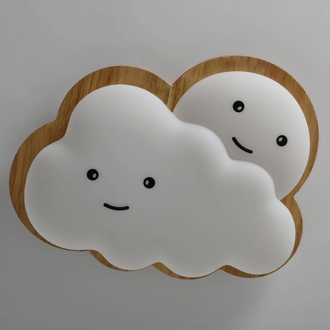 Smiling cloud light fixture demonstrating 27W LED performance in warm bedroom lighting application