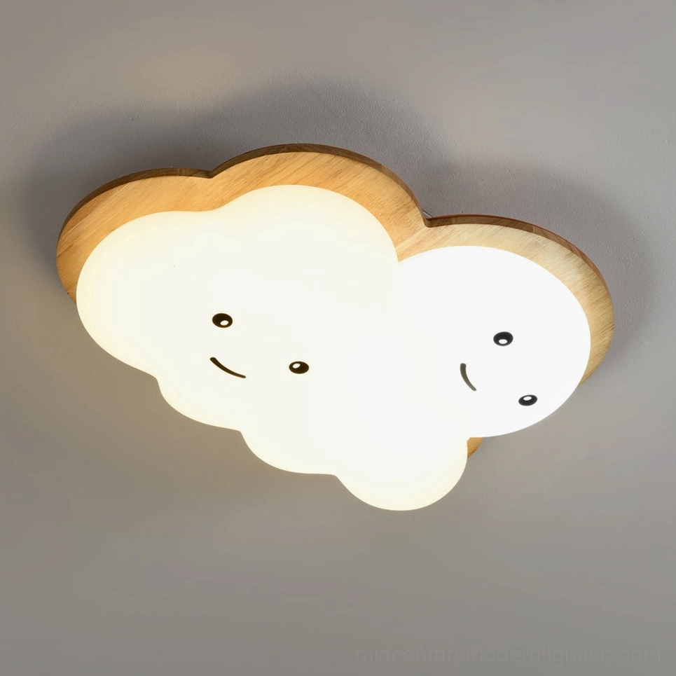 Smiling cloud ceiling light fixture with warm white acrylic shade and natural wood trim detail