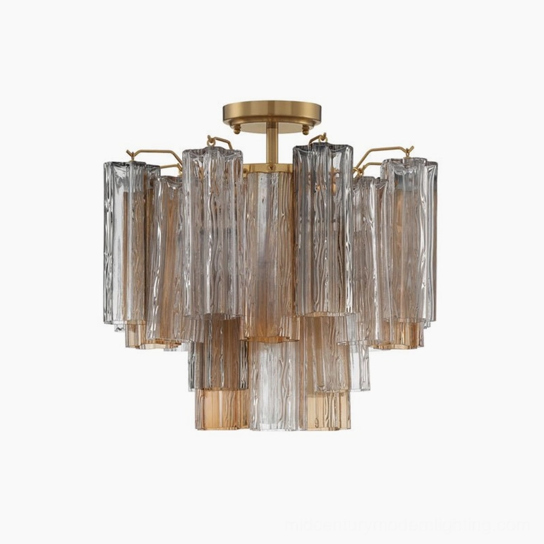 Murano glass tubular chandelier with warm smoke brown ribbed shade and brass hardware, mid-century modern design