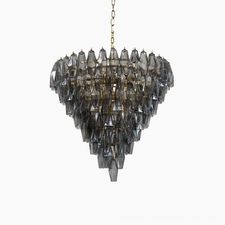 Smoke gray and gold tiered crystal prism chandelier mid-century modern pendant fixture