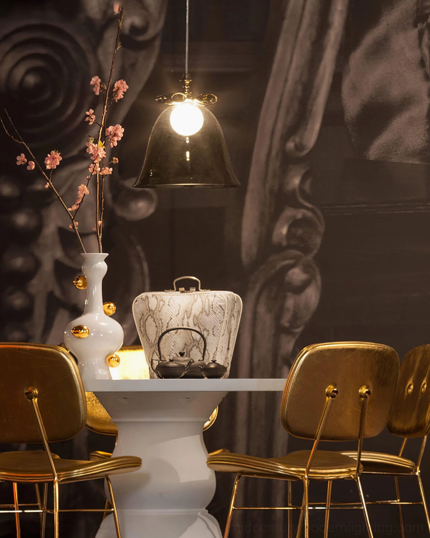 Smoke grey hand-blown glass bell pendant luxury dining room neoclassical style
