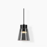 Smoke grey cone pendant lamp with black metal frame on white background, front view