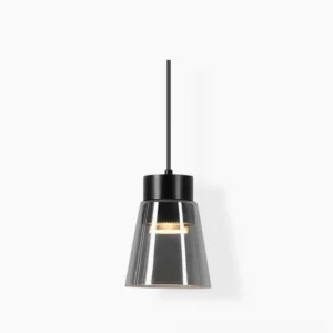 Smoke grey cone pendant lamp with black metal frame on white background, front view
