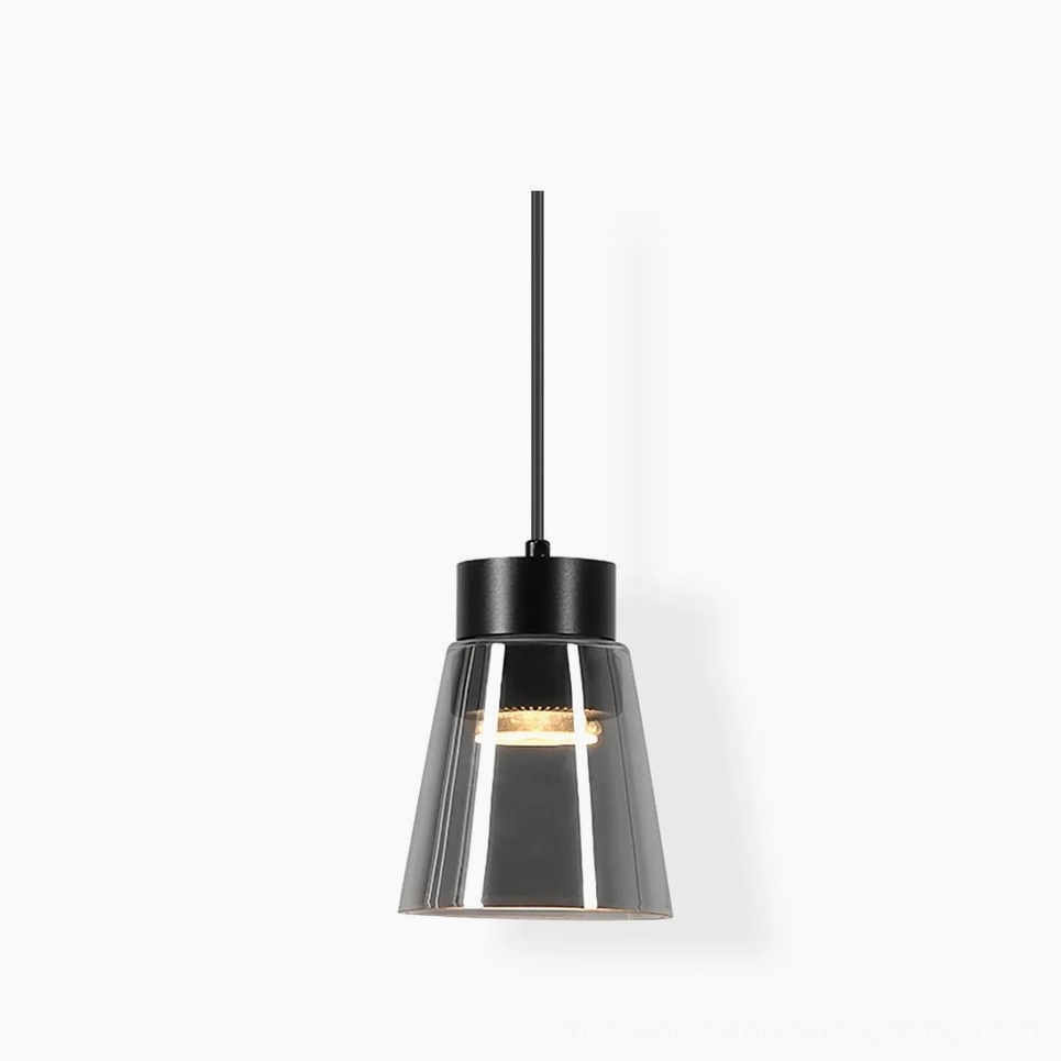 Smoke grey cone pendant lamp with black metal frame on white background, front view